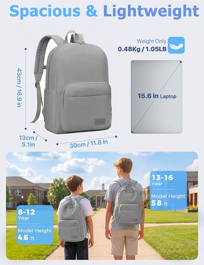 VASCHY School Backpacks, Lightweight Bookbag Schoolbag for Boys Girls Casual Basic Simple Daypack for Men Women Gray