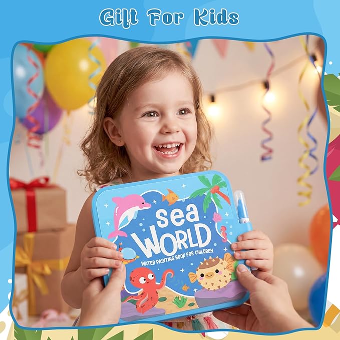 6 Pack Water Painting Book for Toddlers, No Mess Water Coloring Book 7.9x7.9in, Coloring Fun Water Drawing Books Reusable Travel Activity Toys Party Favors Classroom Rewards Gift for Kids Ages 3-6