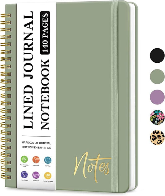 ZOTIA Lined Spiral Journal Notebook for Women, A5 College Ruled Journals for Writing, Hardcover Notebooks for Work, Note taking and Office School Supplies,140 Pages - Green