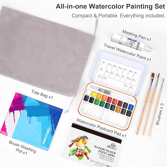 AUREUO Travel Watercolor Set with Gift Box - Small Water Color Kit with18 Classic Color Watercolor Paint Set, Brushes, Watercolor Postcards, Masking Fluid Pen & Tote Bag