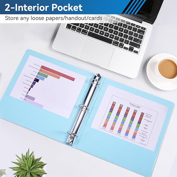 SUIN 1.5-Inch 3-Ring Binder with 2 Interior Pockets, Brushed Texture View Binders Assorted Colors, Holds 325 Sheets School Office Home, 6 Pack