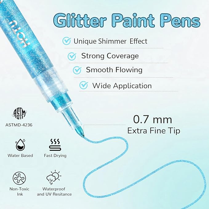 HOTU Glitter Markers Pen: 24 Sparkly Colors Metallic Marker 0.7mm Extral Fine Tip Acrylic Glitter Paint Pens for Rock Painting, Ceramic, Glass, Wood, Fabric, Scrapbooking, DIY Craft Making