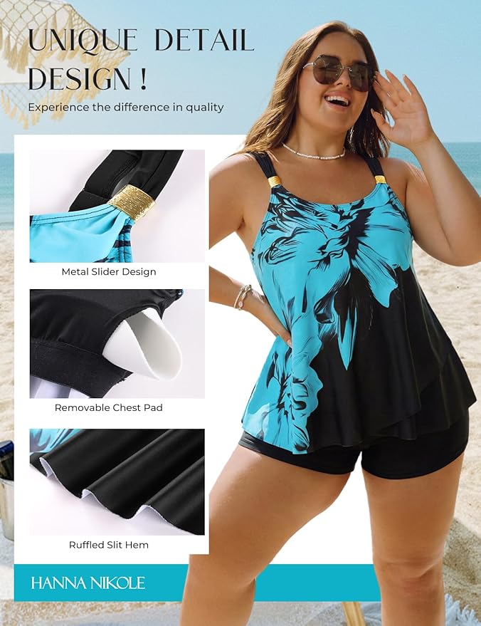 Hanna Nikole Womens Tankini Swimsuits 2 Piece Bathing Suit Flowy Ruffle Tankini Tops with Swim Shorts