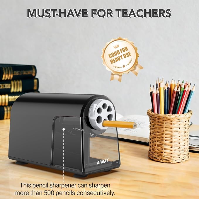 AFMAT Electric Pencil Sharpener for Classroom, 6 Holes, Cordless & Rechargeable, Fast Sharpen, Auto Stop, 10K+ Uses, Heavy Duty Pencil Sharpener for 6-11mm No.2/Large/Colored Pencils PSD2(Black)