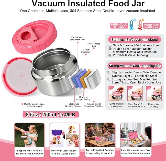 Stainless Steel Bento Lunch Box-7+ Older Kids，Teens ＆ Adult with Insulated Food Jar,Leakproof 3-Compartment,BPA-Free, Eco-Friendly,Dishwasher Safe, Large-Capacity Box, School,Office,Travel （Pink)