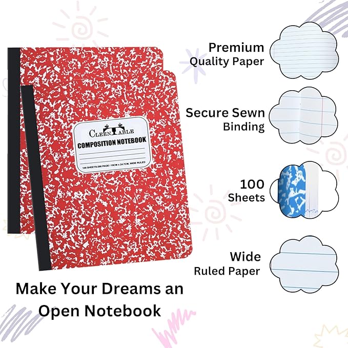 CLEENTABLE Composition Notebook 8 Pack, Wide Ruled Paper, Marble Cover Notebooks for School, 9.75 x 7.5 Inches, 100 Sheets (200 Pages), Sewn Binding Comp Books, Red