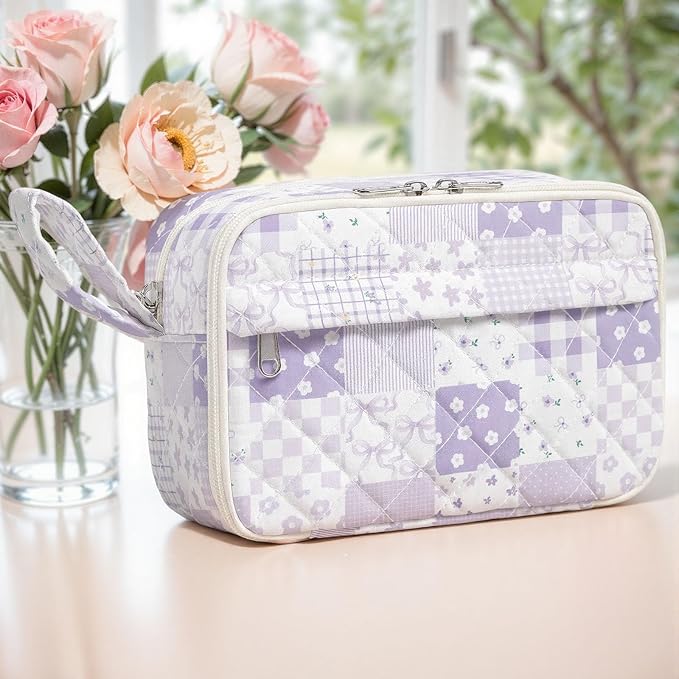 WOBAGMEN Quilted Pencil Pouch for Girls Women, Large Pencil Case Pouch with Compartments Cute Aesthetic Pencil Case Organizer, Floral Pencil Bag for School Supplies (Purple Checked Patchwoek)