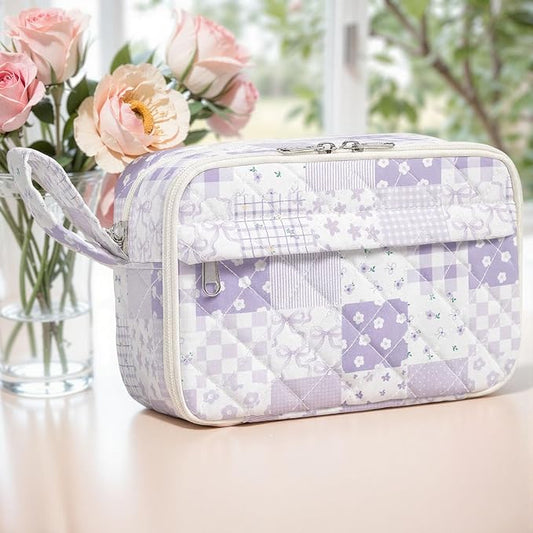 WOBAGMEN Quilted Pencil Pouch for Girls Women, Large Pencil Case Pouch with Compartments Cute Aesthetic Pencil Case Organizer, Floral Pencil Bag for School Supplies (Purple Checked Patchwoek)