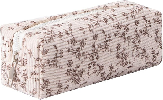 Corduroy Pencil Case for Girls Kids Large Capacity Aesthetic Pen Pouch Makeup Bag Cosmetic Organizer Cute Stationery Storage Bag for School Office Travel Minimalist Pencil Box (Floral-A)