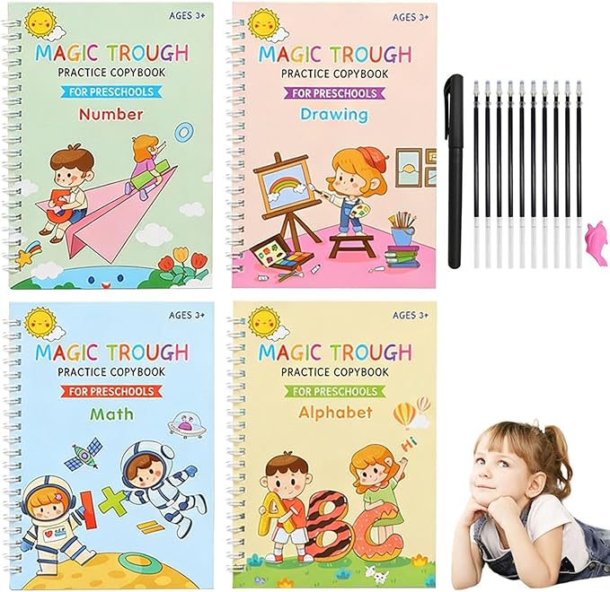 Magic Grooved Writing Books for Kids, Handwriting Practice for Ages 5–7, Tracing Books for Kids Ages 3–5, Preschool & Kindergarten Workbook with Letters, Numbers, Math & Drawing