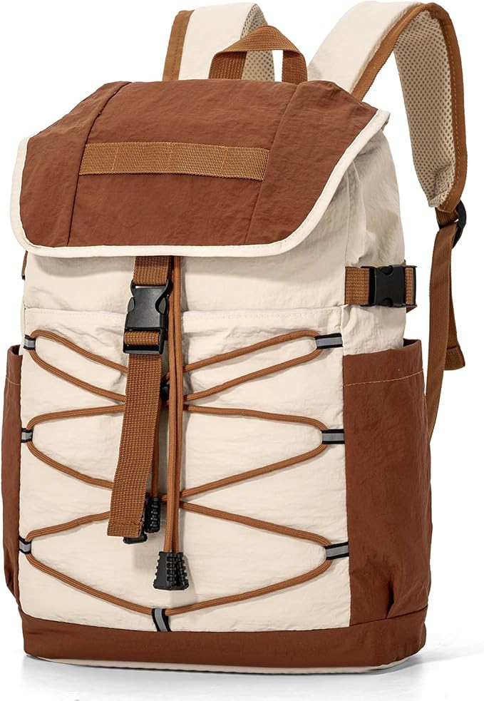 Travel Backpack for Women Men, Carry On Laptop Backpack fits 16'' Laptop, Lightweight Waterproof Nylon Casual Daypack with Multiple Pockets, Basics Bag for Outdoor, Walking, Hiking. (Khaki)