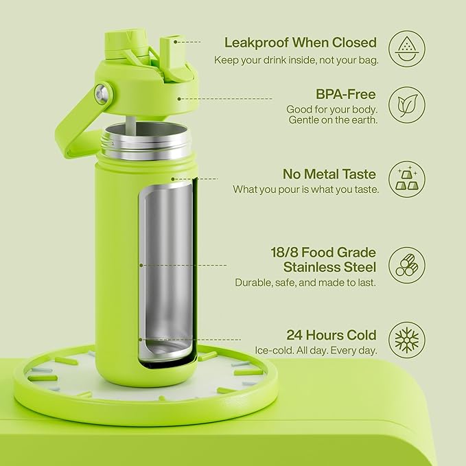ENCOOL Insulated Water Bottle with Straw Stainless Steel Water Bottle, Leak-Proof, BPA-Free, Double Wall Vacuum Keeps Cold for 24 Hours for Sports, Travel, School (18 oz, Sharp Green)
