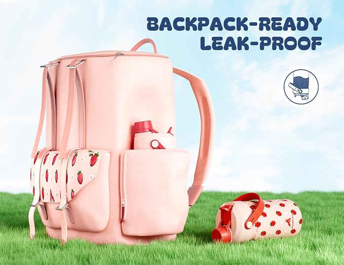 12 oz Kids Metal Water Bottle: 2-in-1 Straw Spout Lid, Spill-Proof, Easy Clean, Keep Cold 24H, Backpack Friendly, BPA-Free Stainless Steel Cup for School, Daycare, Playtime, Gift (Strawberry Daisy)
