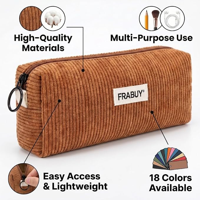 Soft Corduroy Pencil Case Pen Pouch Organizer, Small Stationery Bag | Cute brown pencil pouch, smooth zipper, daily cosmetics holder, compact organizer for school teen girls, women