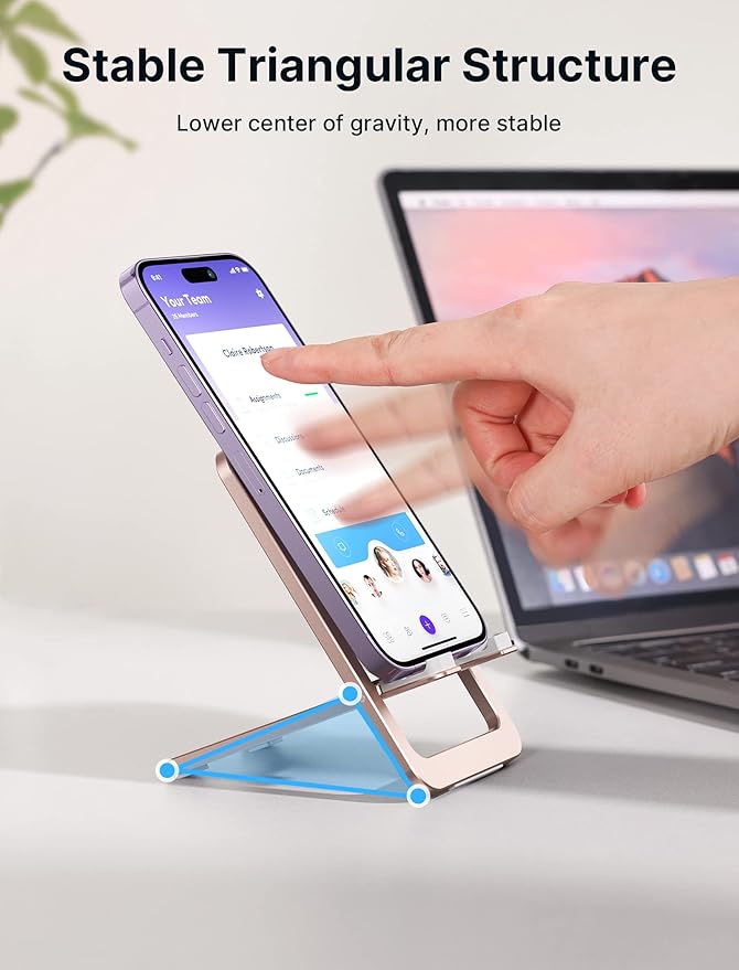 JSAUX Cell Phone Stand, Foldable Aluminum Adjustable Phone Holder for Desk Portable Travel Essentials Office Accessories for iPhone 17 16 15 14 13 Pro Max Samsung S25 S24 S23 Ultra Kindle-Pink