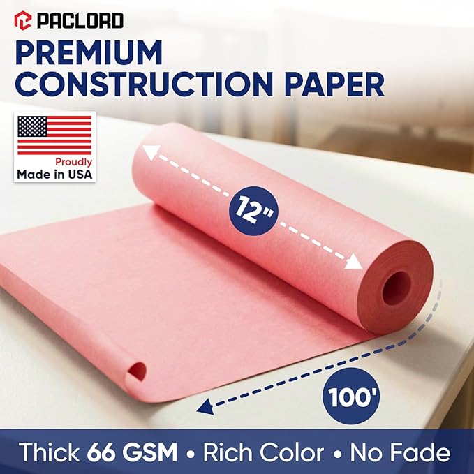 Pink Construction Paper Roll 12" x 100 ft – Made in USA – 12" Bulletin Board Paper for Classroom & School, Teachers & Kids