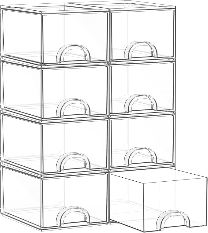 8 Pack Small Clear Stackable Acrylic Storage Boxes for Art Tool & Sketch, Storage Drawers, Storage Organizer, Clear Plastic Makeup Organizer, Ideal for Vanity, Cabinet, Desk Organization