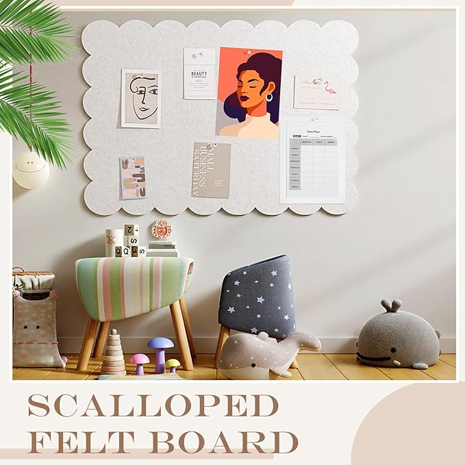 Mooliwe Scalloped Felt Bulletin Board 60 x 36 Inches Foldable Beige Pin Cork Board Alternative for Wall, 5' x 3' Trifold Picture Vision Self Adhesive Bulletin Decorative