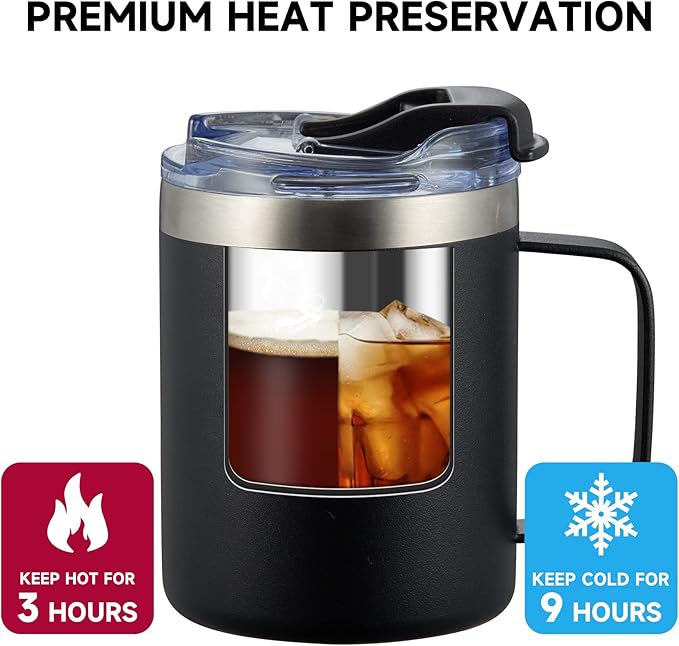 12oz Stainless Steel Insulated Coffee Mug with Handle, Double Wall Vacuum Tumbler Cup with Fliping Lid, Black, 2 Pack