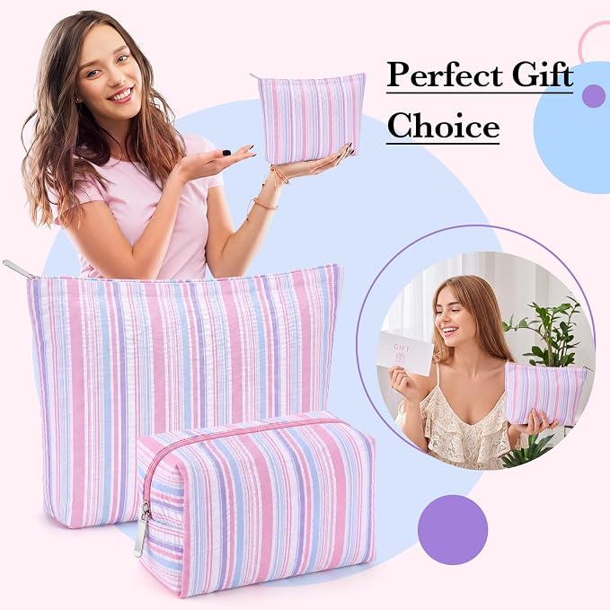 Huhumy 2 Pcs Striped Makeup Bag, Travel Toiletry Bag for Women, Aesthetic Cute Colorful Cosmetic Pouch, Seersucker Storage Organizer for Accessories, Essentials, Toiletries (Pink Purple Blue)