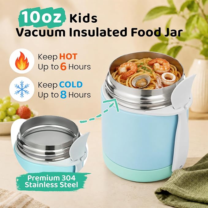 Pawtong10oz Soup Thermo for Hot Food Kids Insulated Food Jar,Thermo Hot Food Lunch Container, Width Mouth Stainless Steel Lunch Box for Kids with Spoon (Mint)
