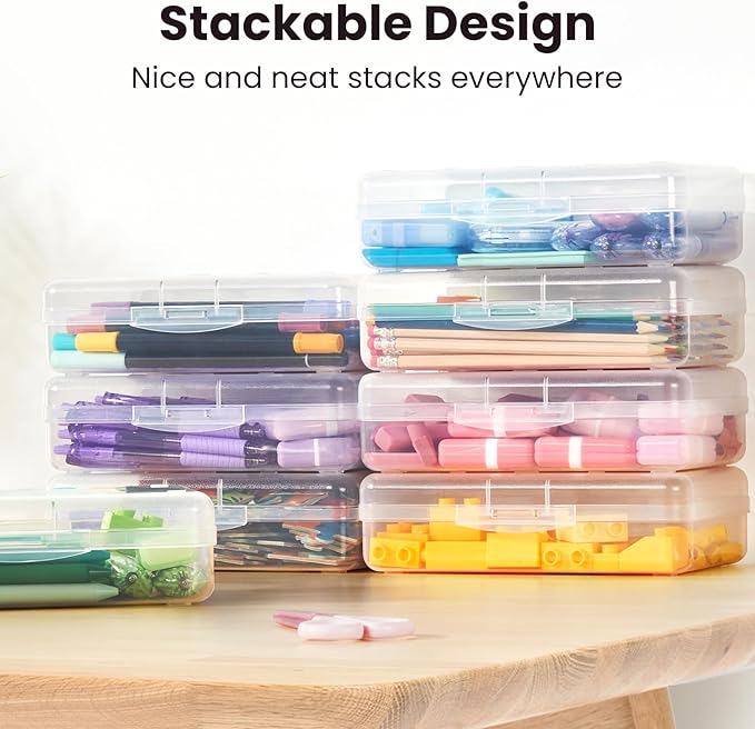 Sooez 6 Pack Pencil Box, Hard Pencil Boxes for School Supplies Bulk, Large Plastic Pencil Case with Lid, Clear Pencil Container, Stackable School Boxes Crayon Boxes Bulk for Kids