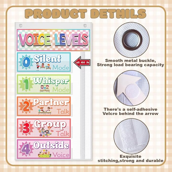 Voice Level Pocket Chart for Classroom - White Voice Level Classroom Decorations with 8 Cards for Preschool Classroom Must Haves Supplies
