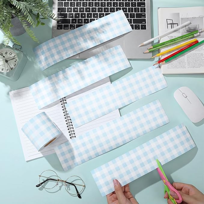 Pastel Blue 65.6 Ft Gingham Bulletin Board Border Die Cut Straight Border Trim Plaid Checkered Classrooms Decor for Whiteboard Wall Desk Window Door Locker Office School Party