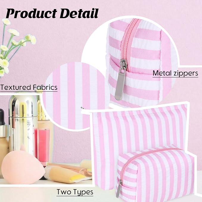 Huhumy 2 Pcs Makeup Bag Set for Women, Pink, Wide Striped Seersucker | Cute Cosmetic Pouch Women Travel Toiletry Bag Preppy Small Makeup Purse Pouch Aesthetic Skincare Brushes Storage Organizer