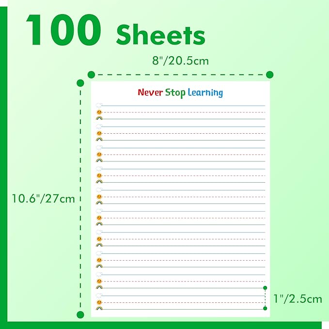 100 Sheets Ruled Writing Paper, Double-Sided Printing Skip-A-Line Ruled Writing Paper with Dotted Lines 1” Line Spacing Handwriting Practice Paper for Kindergarten Toddlers Kids (8” x 10.6”)
