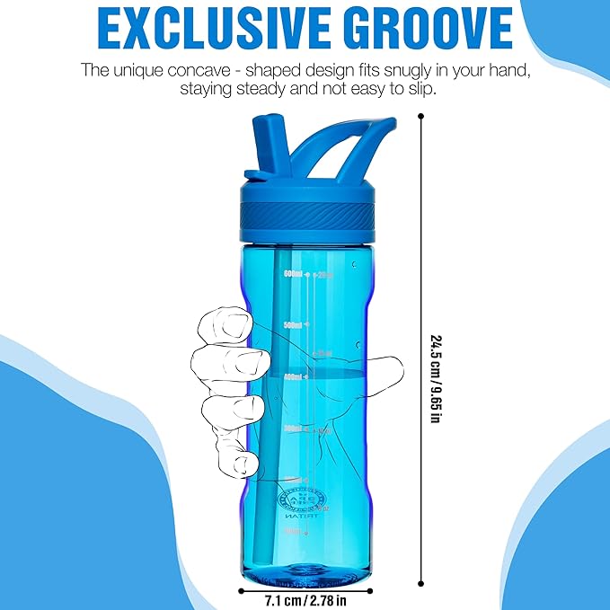 OLDLEY 20oz Kids Water Bottle with Straw, BPA-Free Tritan Water Bottle for School, Leakproof Clear Water Bottle with One Click Open, Measurement Scale, Cup Holder Friendly for Boys Girls,Blue