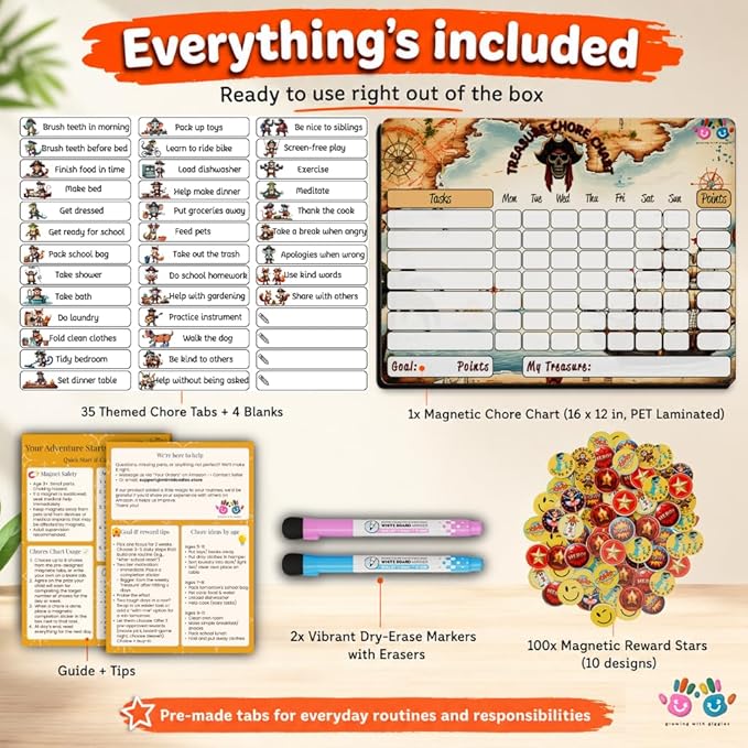 Mimi Doodle Magnetic Chore Chart for Kids – 16x12 Dry Erase Daily Responsibility Board for Fridge with 39 Chore tabs, 100 Reward Stickers – Behavior Chart for Kids at Home – Pirate Theme