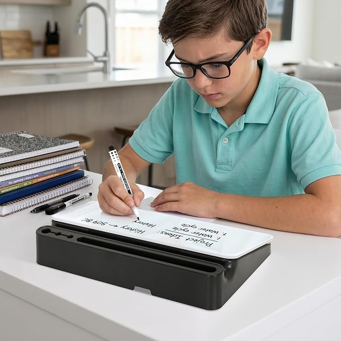 DOLLAR BOSS 12''x7'' Glass Desktop Whiteboard Small Dry Erase Board with Storage Drawer Computer Keyboard Stand Desk Organizer Office Accessories School Supplies with 4 Markers, Black
