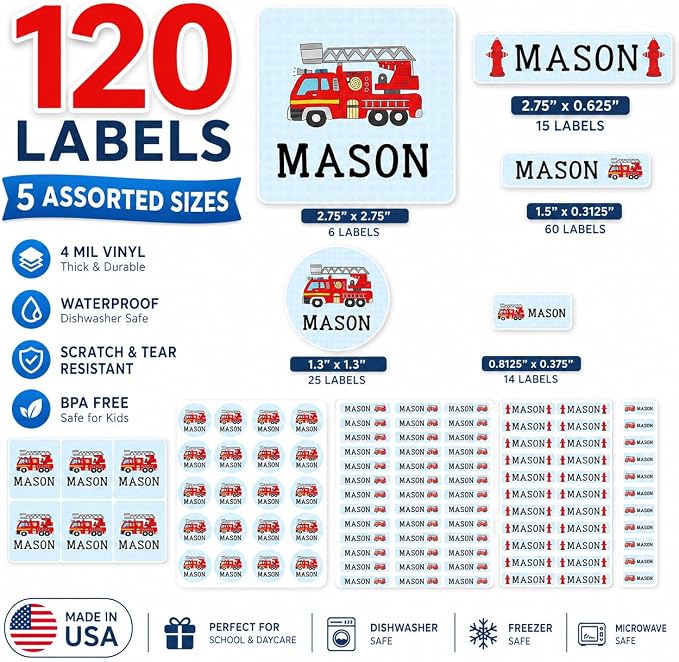 Andaz Press Custom Personalized Waterproof School Name Labels, Fire Truck, 120-Pack, Kids Labels Combo Pack, Customizable Multi-Use Name Stickers for Preschool, Daycare, Supplies, Office, Camping