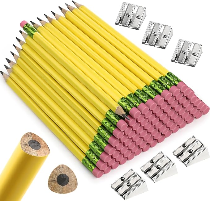 Fainne 102 Pieces Jumbo Pencils Set for Kids Toddlers 96 Thick Fat Large Pencils with Erasers 6 Sharpeners Bulk for Preschool Kindergarten Elementary School Classroom(Yellow,Triangle)