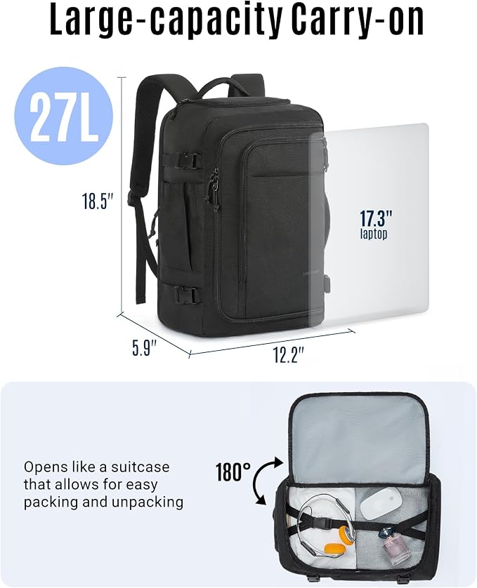 LIGHT FLIGHT Travel Backpack Carry On Flight Approved TSA Friendly Backpack Water-resistant Lightweight Business Large Weekender Bag Casual Daypack 15.6" Laptop Backpack for Men Women,Black