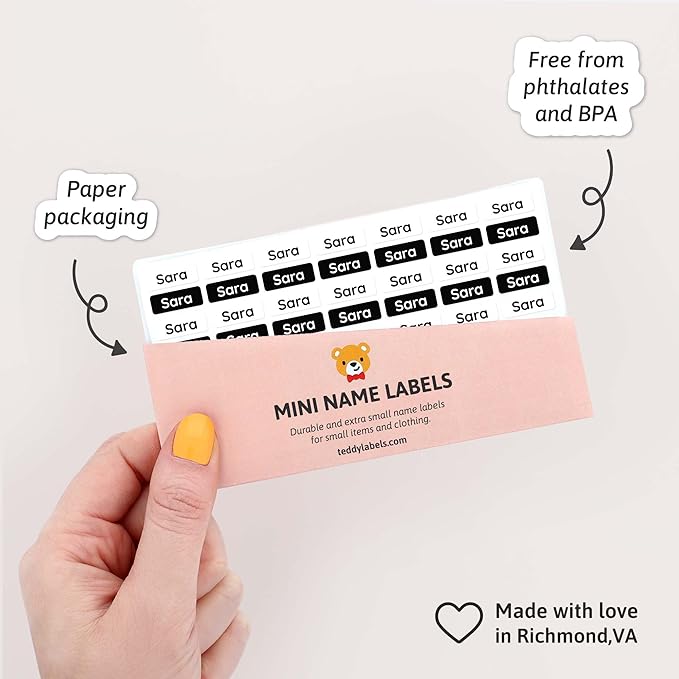 Mini Name Labels (175) - Custom Personalized Name Labels for Labeling Tiny Items, Washer and Dryer-Safe Waterproof Labels for Daycare, Preschool, and School - Black and White