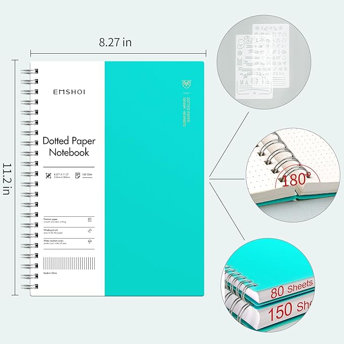 EMSHOI Dotted Journal Spiral Notebook, 300 Pages, A4 Large 8.27"x11.2", 100 GSM Thick Paper, Flexible Plastic Cover, 5mm Dot Grid Notebook for Journaling, Planning, Drawing, Writing, Light Blue