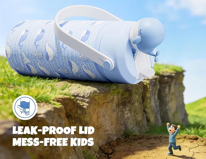 POWCAN 18 oz Kids Water Bottle for School: 2-in-1 Straw Spout Lid with Soft Animal Head, Leakproof, Backpack Friendly, Keep Cold 24H, Insulated cup for Sports, Playground, Holiday Gift (Whale Splash)