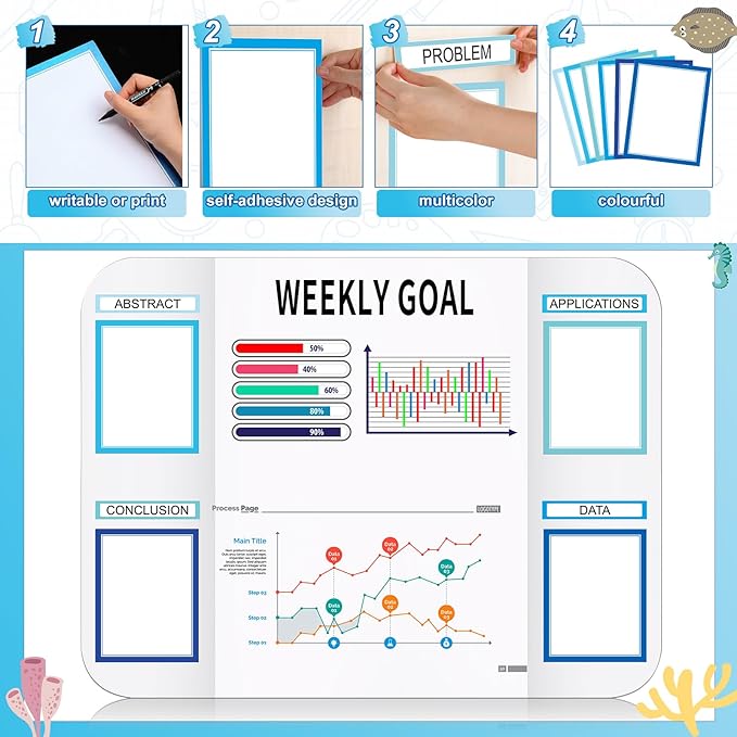 Sinload 92 Pcs Science Fair Board Supplies 60 Trim Scalloped Poster Boards 18 Presentation Subtitles 6 Project Titles 8 Letter Sticker for Classroom Display Boards (Blue,Ocean)