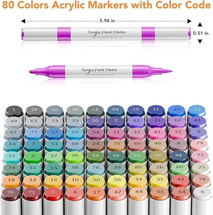 WELLOKB 80 Colors Dual Tip Acrylic Paint Markers, Fabric Markers, Brush Tip Permanent Acrylic Paint Pens for Wood, Glass, Rocks, Paper, Coloring book,Ceramic,DIY Crafts for Adults