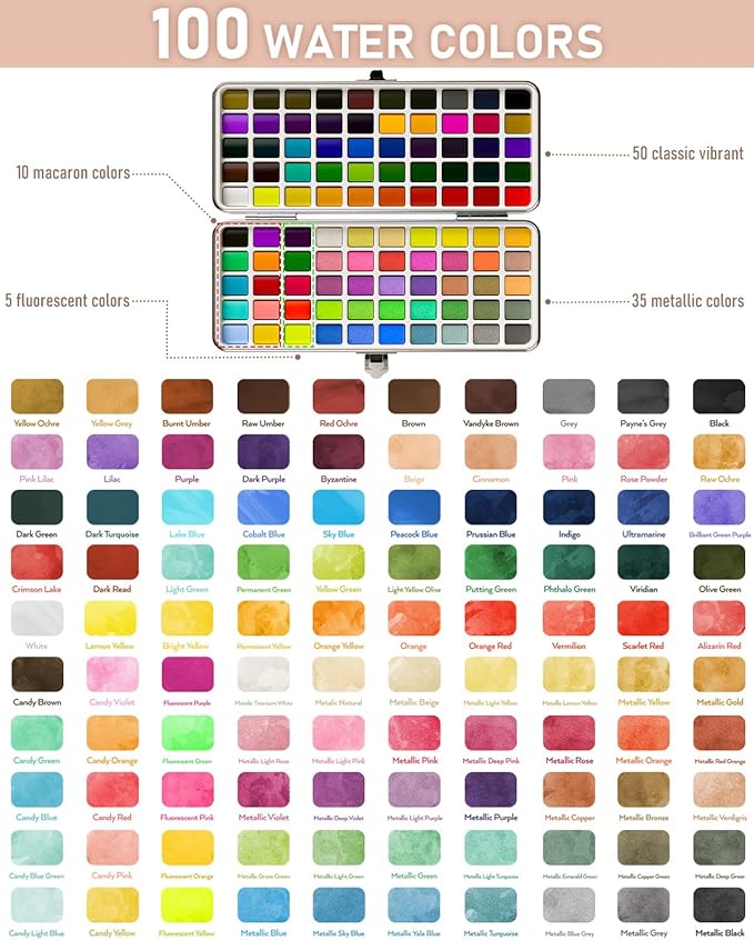 Nicpro 100 Colors Watercolor Paint Set, Metallic Macaron & Fluorescent, 8 Synthetic Squirrel Brushes, 25 Watercolor Paper, Palette, Art Supplies Kit for Artist Adult Beginner with Gift Box