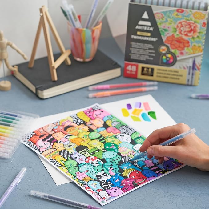 ARTEZA Dual Tip Brush Markers – Set of 48 Pens with Fine and Brush Tips, Water-Based Ink for Coloring, Sketching, Lettering & Journaling