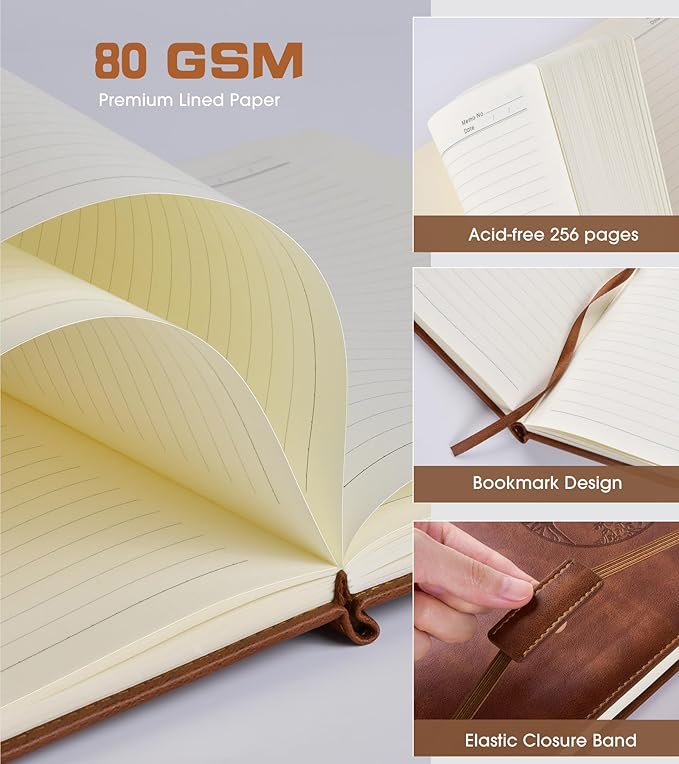 Lined Journal Notebook for Women Men,256 Thick Pages,A5 Hardcover Vintage Leather Journal for Writing,Travel,Business,Work, School,College Ruled Notebooks for Note Taking,Daily Diary 5.7"×8.3"