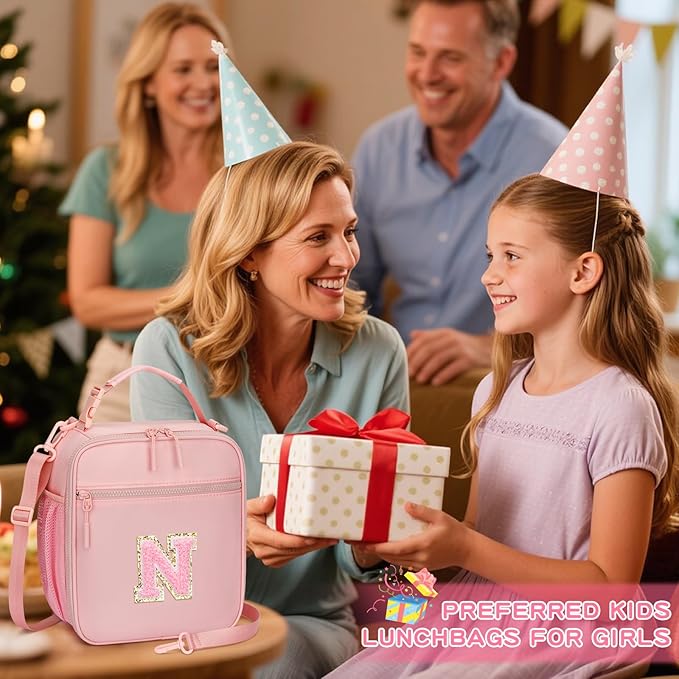 Initial Insulated Lunch Bag for Girls Kids, Back to School Gift, Reusable Leak-proof Lunch Box with Adjustable Strap for School Daycare Travel Picnic (Pink,N)