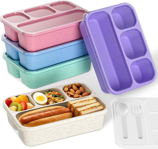 Bento Box 5-Pack, 4-Compartment Lunch Box for Women, Men & Kids, BPA-Free Wheat Straw Snack Containers, Ideal for Meal Prep, Travel, School, Work (5 Colors)