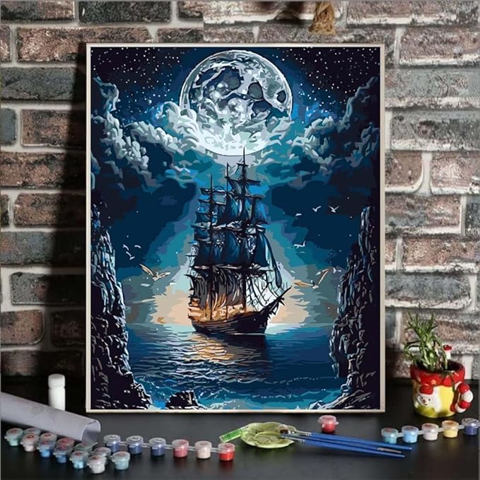 YPF Paint by Numbers for Adults Landscape Paint by Number on Canvas, DIY Steamship Moon Acrylic Oil Painting Kits with Brushes for Home Wall Decor (16x20 inch)