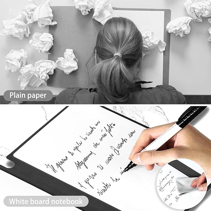 Marte Vanci Whiteboard Notebook Reusable Dry Erase Whiteboard with Pen and Wiping Cloth A5 Portable Dry Erase Pad with PU Cover White Board for Notes Lists Memo Message Presentation (Black)