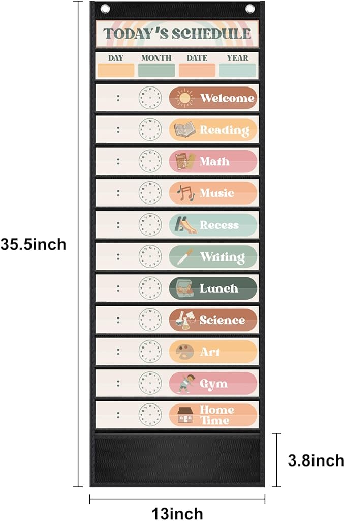 Boho Theme Daily Schedule Pocket Chart Set Decorate Your Classroom or Home for pre-Kindergarten to Grade 6, Black
