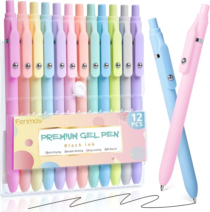 Fenmay Gel Pens, 12 Pcs 0.5mm Fine Point Aesthetic Pens, Quick Dry No Smudge, Smooth Writing Comfortable Grip Pen, Cute Black Ink Journaling Pens for School Supplies Office Desk Accessories